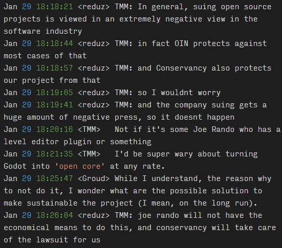 Godot Asset Store discussion between members of Godot PLC at godotengine-devel IRC channel